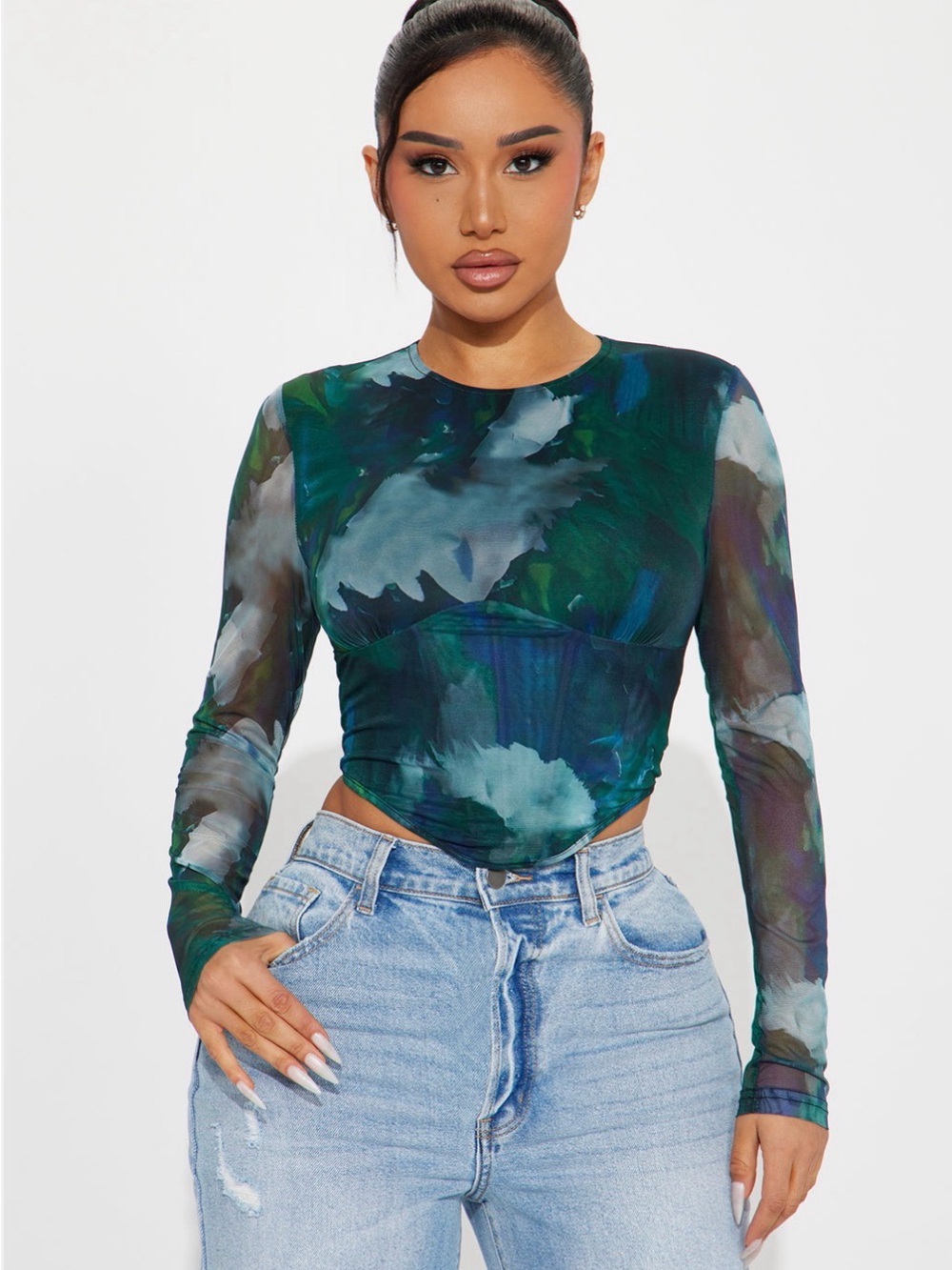 Fashion Nova Green Multi Watercolor Mesh Long Sleeve Top - Picture 2 of 5